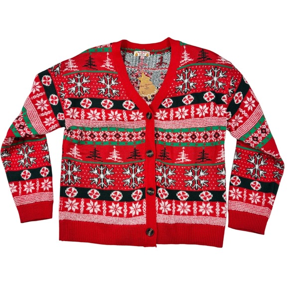 POOF Merry Christmas Red Ugly Christmas Sweater Cardigan Womens Large Acrylic - Picture 1 of 7